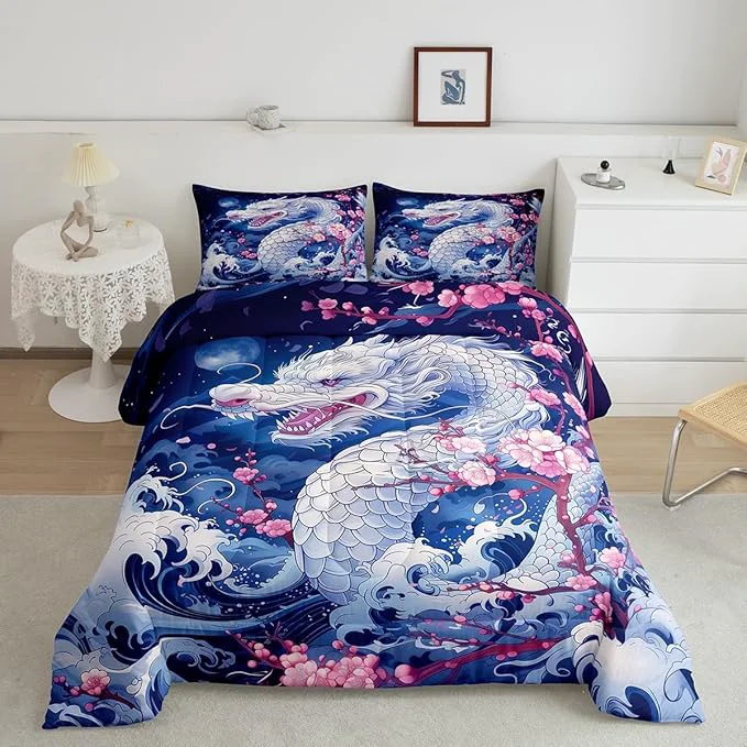 Fine Dragon Comforter Set Full Size Japanese Style Pink Cherry Blossom Bedding Set 3Pcs Kids Girls Boys Teens Home Decor Blue Sea Waves Quilt Set al Wild Animals Duvet Insert 2 Pillowcases High-End
