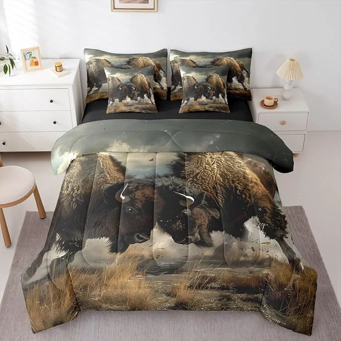 High-Performance Erosebridal Indian Bison Bed in a Bag Queen Comforter Set 7 Piece Bullfight Competitive Sports Bedding Sets Bull Western Animals Sheet Set with Comforter Powerful