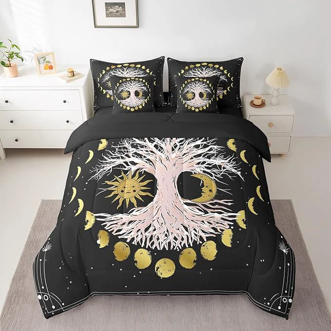 Lightweight Erosebridal Sun and Moon Bed in a Bag Queen Comforter Set 7 Piece Tree of Life Bedding Sets Galaxy Starry Sky Bohemian Sheet Set with Comforter Next-Generation