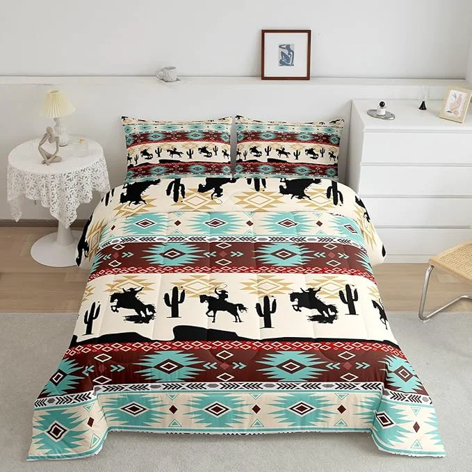 Superior Feelyou Boho Comforter Set Toddler Size Horses Comforter Southwestern Native Aztec Bedding Set Farmhouse Wildlife Duvet Set Room Decor Beige Blue Quilt Set Powerful