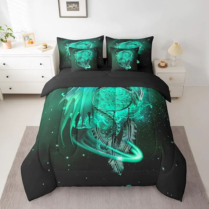 Convenient Erosebridal Gothic Dragon Dream Catchers Bed in a Bag King Size Comforter Set 7 Pieces Teal Galaxy Bohemian Feather Bedding Sets Antique Animal Pterosaur Sheet Set with Comforter Minimalist