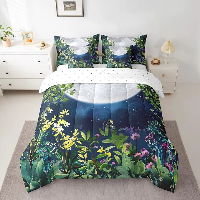 Flexible Erosebridal Botanical Comforter Set 7 Piece Bed in a Bag Twin Jungle Plant Leaves Galaxy Bedding Sets Stars and Moon Sheet Set with Comforter Clean