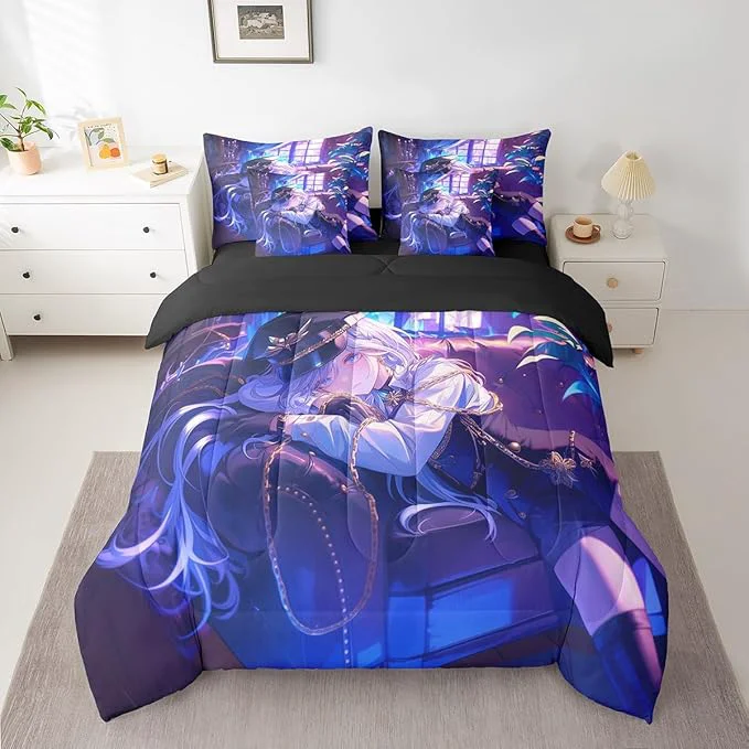 Crafted Anime Girl Comforter Set With Sheets Twin Size Japanese Anime 7 Piece Bedding Set For Kids Boys Teens Women Bedroom Decor Cartoon Girl Bed In A Bag Japanese Animation Kawaii Bed Sets Purple Minimalist