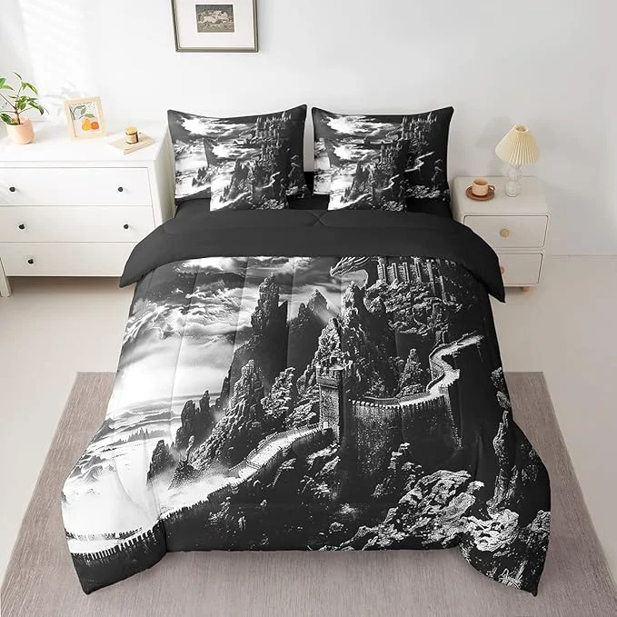 Solid Erosebridal Gothic Dragon 7 Piece Comforter Set Full Bed in a Bag Vintage Mythical Animal Bedding Sets Fantasy Castle Dark Sky Sheet Set with Comforter Luxury