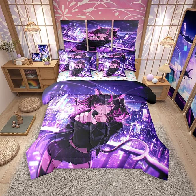 Eco-Friendly Erosebridal Kids Anime Girl Queen Comforter Set 7 Piece Japanese Anime Bed in A Bag Cartoon Girl Bedding Comforter Sets for Boys Teens Bedroom Decor Kawaii Japanese Animation Bed Set Enhanced