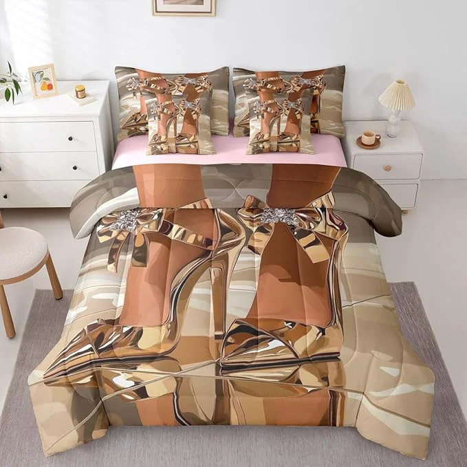 Carefully Designed Erosebridal High-Heels Girlish Girls 7 Piece Bedding Set Twin Size Romantic Fashion Comforter Sets Fashionable Gorgeous Sheet Set for Kids Children Women Bedroom Modern Minimalist Gold Bed in A Bag Outstanding