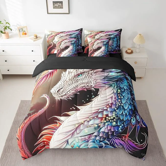 Outstanding Erosebridal Colourful Dragon Comforter Set 7 Piece Bed in a Bag Twin Gothic Artistic Mythical Animal Bedding Sets Antique Wildlife Sheet Set with Comforter Efficient