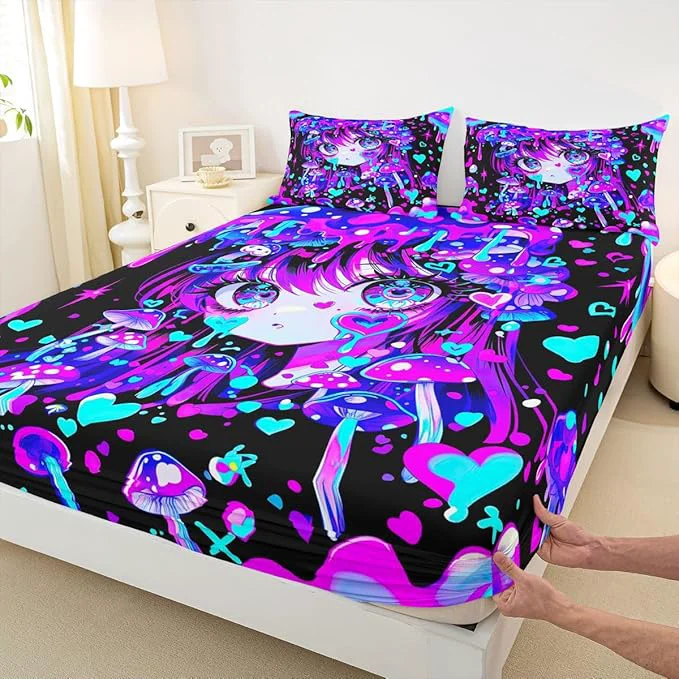 Solid Erosebridal Japanese Girl Fitted Sheet for Boys Girls Kids Cartoon Girly Queen Bed Sheets 3D Anime Gifts Sheets Colorful Graffiti Print Bedding Sets No Top Sheet Environmentally Friendly