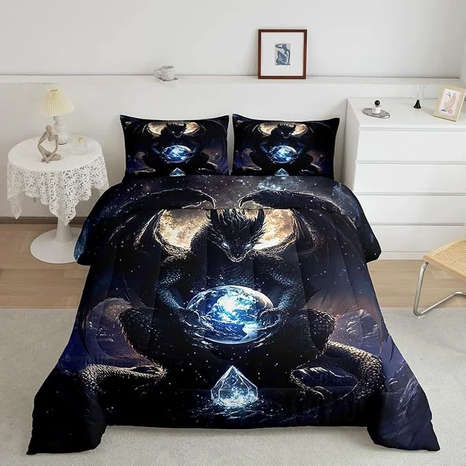 Solid Feelyou Dragon Comforter Set Twin Size Dragon Stuff Comforter for Boys Girls Teens Wild Life Bedding Set Dragon Decor Duvet Set Room Decor Black Quilt Set Soft