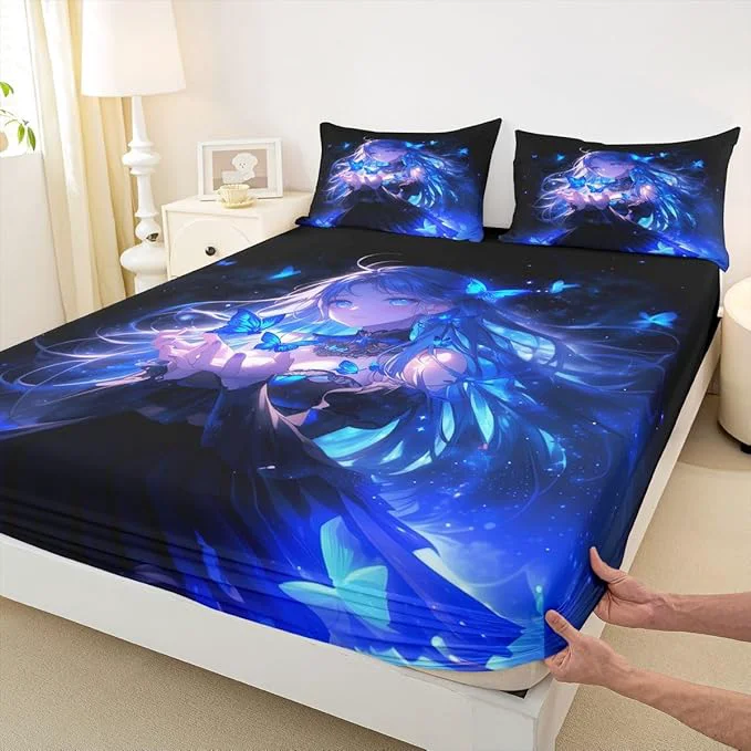 Responsible Erosebridal 3D Japanese Girl Fitted Sheet for Boys Girls Kids Blue Butterfly Decorations Queen Bed Sheets Cartoon Sheets Anime Gifts for Her Bedding Sets No Top Sheet Selected
