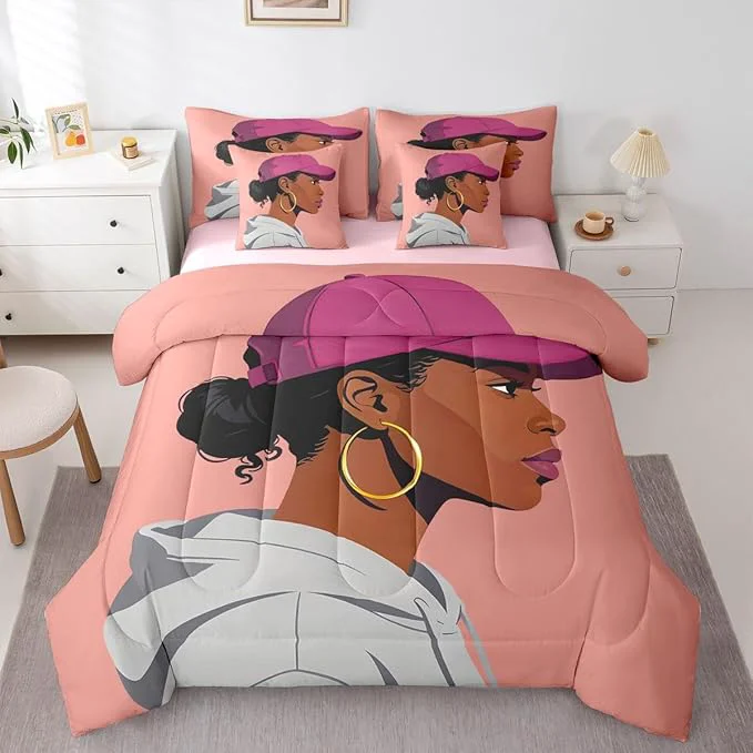 Flexible Black Girls Girls 7 Piece Bedding Set Twin Size Fashion Black Woman Comforter Sets Vogue Fashionable Gorgeous Sheet Set For Kids Children Women Bedroom Decor African Princess al Bed In A Bag Fine