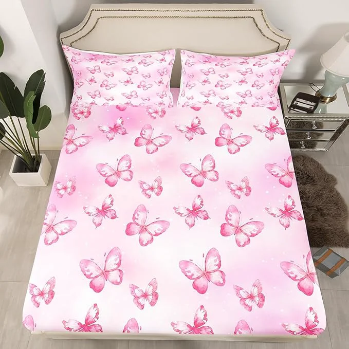 Expertly Made Erosebridal Pink Butterfly Full Bed Sheets for Kids Boys Girls 3D Pink Dreamy Butterfly Fitted Sheet Colorful Ink Stick Printing Bedding Sets All Season Microfiber Sheets with 2 Pillowcases Contemporary
