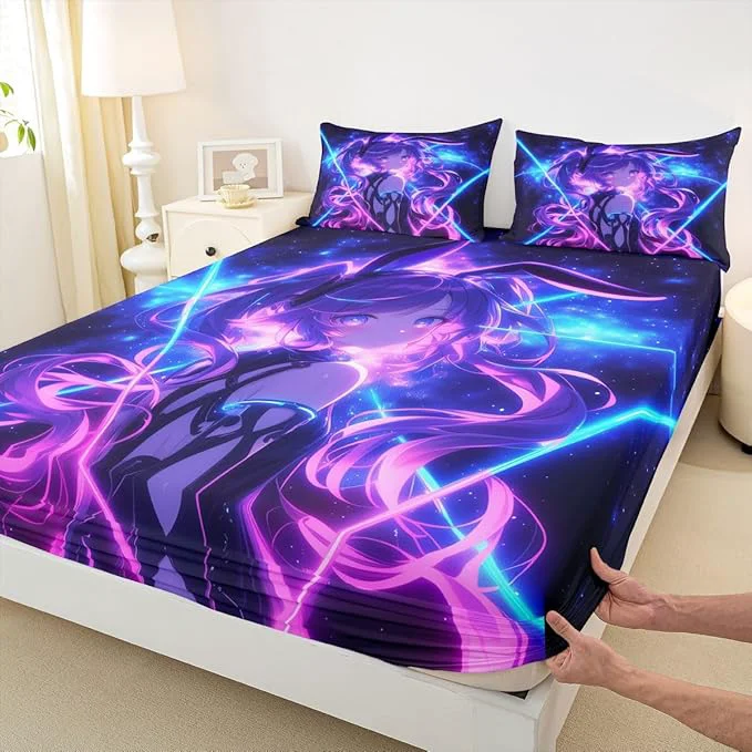 Environmentally Friendly Erosebridal 3D Anime Full Bed Sheets for Kids Boys Girls Japanese Girl Fitted Sheet Girly Galaxy Stars Bedding Sets Purple Neon Sheets with 2 Pillowcases Fine Crafted