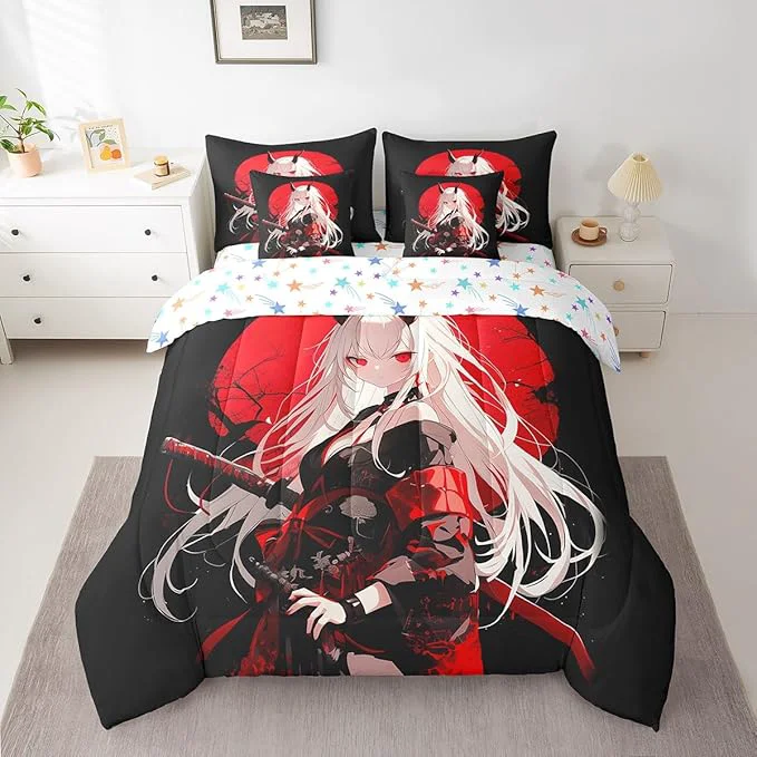 Versatile Erosebridal King Japanese Anime 7 Piece Comforter Set for Kids Anime Girl Bed in A Bag Kawaii Japanese Style Bedding Set Cartoon Japan Animation Bed Set for Boys Teen Adult Women Bedroom Practical
