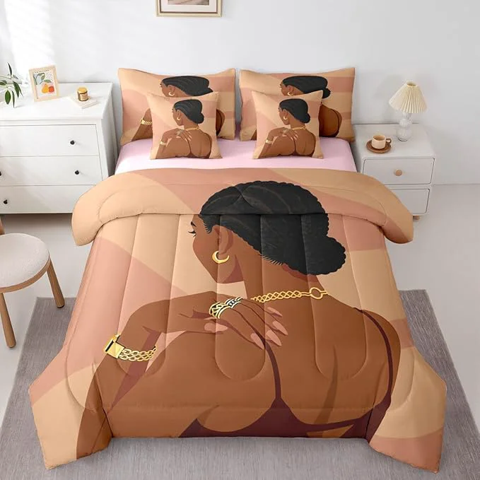 Quality Fashion Black Woman Sheet Set With Comforter Twin Size Romantic Makeup Themed Girls 7 Piece Bedding Set Fashionable Gorgeous Comforter Sets Vogue Afro Girls Bed In A Bag For Kids Teens Adult Bedroom Secure