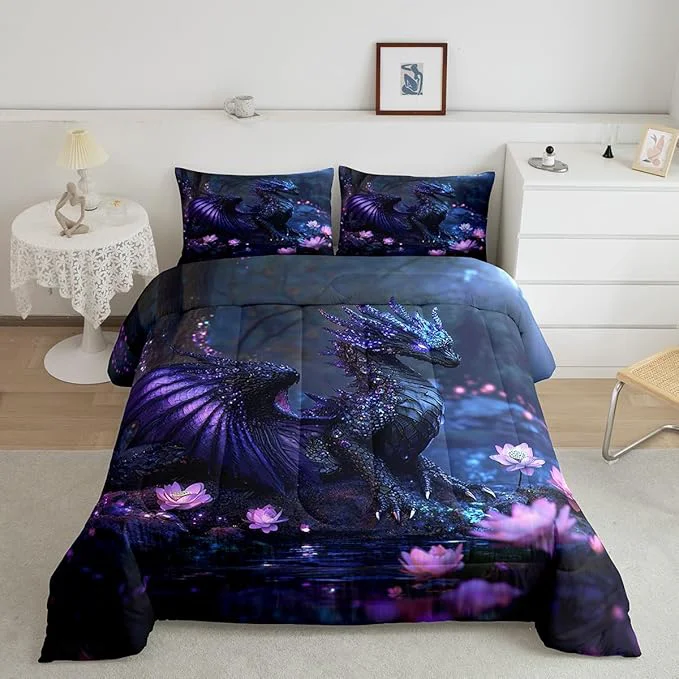 Crafted Feelyou Dragon Comforter Set King Size Dragon Stuff Comforter for Boys Girls Teens Wild Life Bedding Set Flower Duvet Set Room Decor Black Purple Quilt Set Trusted
