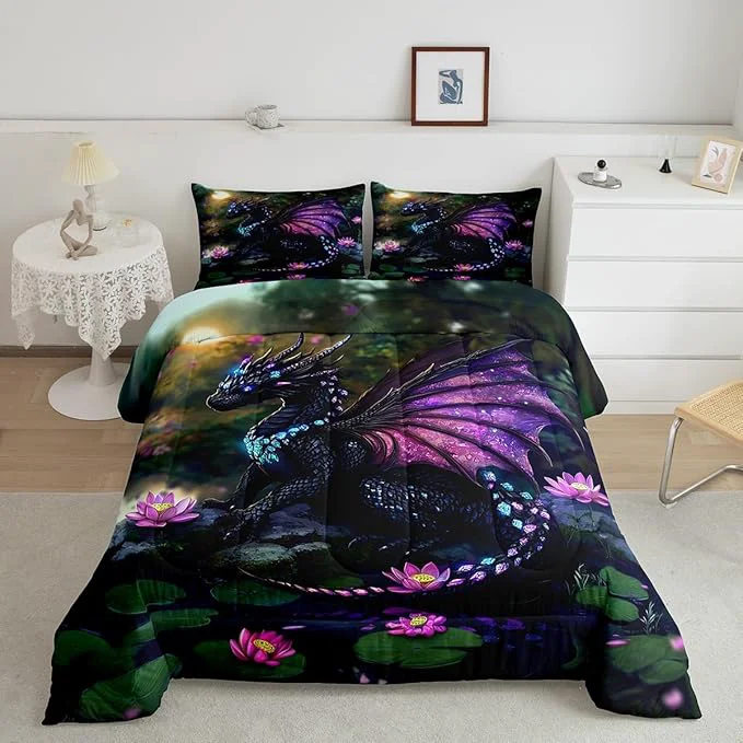 Elite Feelyou Dragon Comforter Set Full Size Dragon Stuff Comforter for Boys Girls Teens Wild Life Bedding Set Lotus Flower Duvet Set Room Decor Green Purple Quilt Set