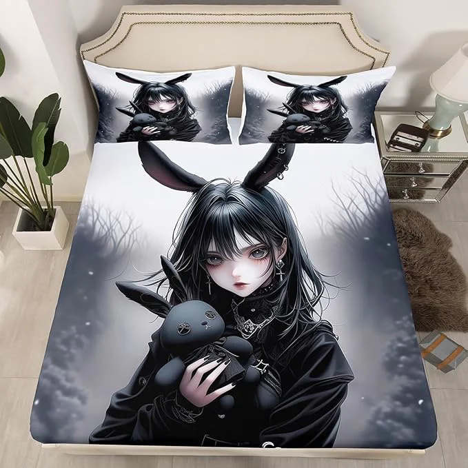 Fashionable Anime Girl Bed Sheets Anime Gifts Queen Fitted Sheet for Girls Women Gothic 3D Japanese Girl Sheets Black Gothic Bed Set Exotic Rabbit Printed Bedding Set Practical
