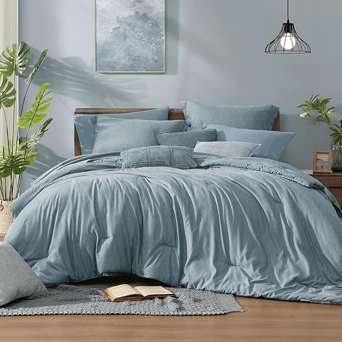 Top-Quality Monbix Queen Comforter Set – 7 Pieces Dusty Blue Cationic Dyeing Bed in a Bag Queen Bedding Sets with Sheets Pillowcases amp Shams Reversible Bedding Comforters Fashionable