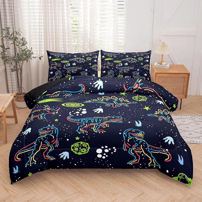 Breathable NINENINE Dark Blue Dinosaur Bedding Sets for Kids Boys Retro Dinosaur Bedding Comforter Full Size Bedding Sets for Boys Kids with 1 Comforter 2 Pillowcases Organic