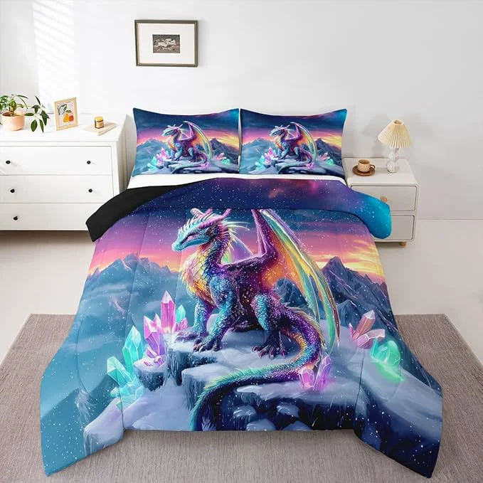 Durable Feelyou Dragon Kids Comforter Set Full Size Dragon Stuff Bedding Set Wild Life Duvet Quilt for Kids Boys Girls Bedroom Wildlife Decor Purple Bluish Microfiber Ultra Soft Breathable High-Performance