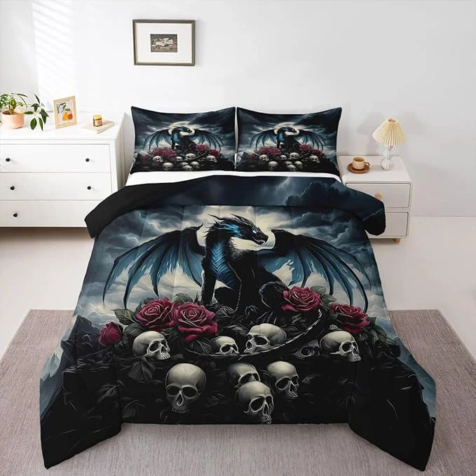 High-Quality Feelyou Dragon Bedding Set Soft for Boys Girls Dragon Stuff Comforter Set Full Size Wild Life Duvet Quilt Wildlife Bedroom Decor Blackish 3 Pcs with 2 Pillow Cases Refined