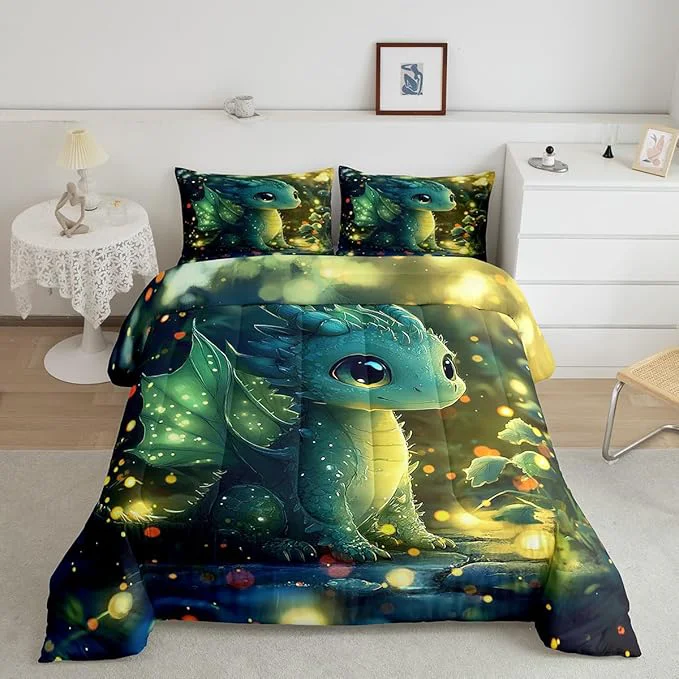 Original Feelyou Dragon Comforter Set Full Size Dragon Stuff Comforter for Boys Girls Teens Kawaii Bedding Set Room Decor Bright Green Quilt Set Responsible