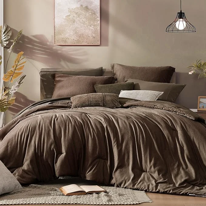Environmentally Friendly Monbix Queen Comforter Set - 7 Pieces Cationic Dyeing Chocolate Brown Bed in a Bag Queen Bedding Sets with Comforter Sheets Pillowcases amp Shams Reversible Bedding Comforters Sets First-Class