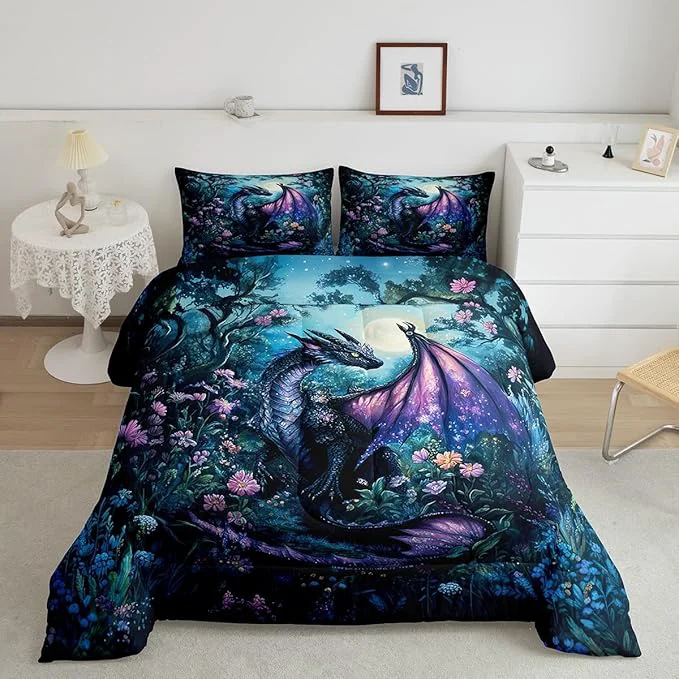 Effective Feelyou Dragon Comforter Set Toddler Size Dragon Stuff Comforter for Boys Girls Teens Wild Life Bedding Set Jungle Dragon Duvet Set Room Decor Balck Blue Quilt Set Soft