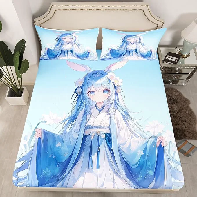 Natural Erosebridal Girly Fitted Sheet – Kawaii Decor Anime Girl Sheets Butterfly Decor – Queen Size 1 Fitted Sheet 2 Pillowcases Breathable