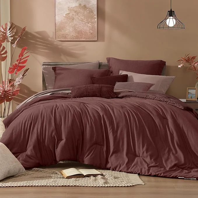 Practical Monbix Full Size Comforter Set Dark Red Bedding Comforter for Full Size Bed Set Reversible Bedding Sets Full 7 Pieces Cationic Dyeing Bed in a Bag with Comforter Sheets Pillowcases amp Shams Fashionable