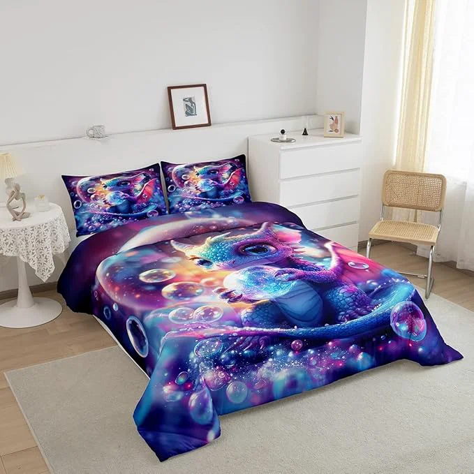 Pure Feelyou Dragon Comforter Set Full Size Kawaii Comforter for Boys Girls Teens Wild Life Bedding Set Dragon Decor Duvet Set Room Decor Purple Blue Quilt Set Solid