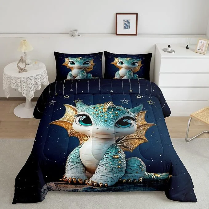 Advanced Feelyou Dragon Comforter Set Queen Size Dragon Stuff Comforter for Boys Girls Teens Wild Life Bedding Set Dragon Decor Duvet Set Room Decor Navy Blue Quilt Set Easy-to-Use