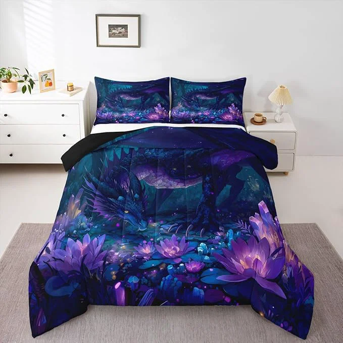 Enhanced Feelyou Dragon Comforter Set Queen Size Dragon Stuff Bedding Set for Kids Boys Girls Wild Life Duvet Quilt Wildlife Bedroom Decor Purple and Black Microfiber 3 Pcs with 2 Pillow Cases High-End