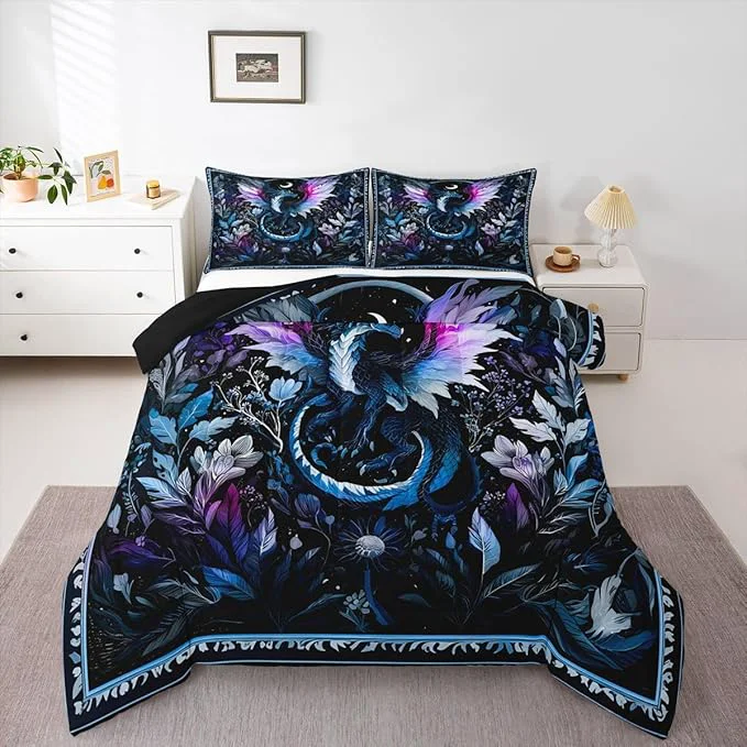 Refined Feelyou Dragon Bedding Set Soft for Boys Girls Wild Life Comforter Set King Size Jungle Dragon Duvet Quilt Microfiber Wild Animal Bedroom Decor Dark Blue 3 Pcs with 2 Pillow Cases Authentic
