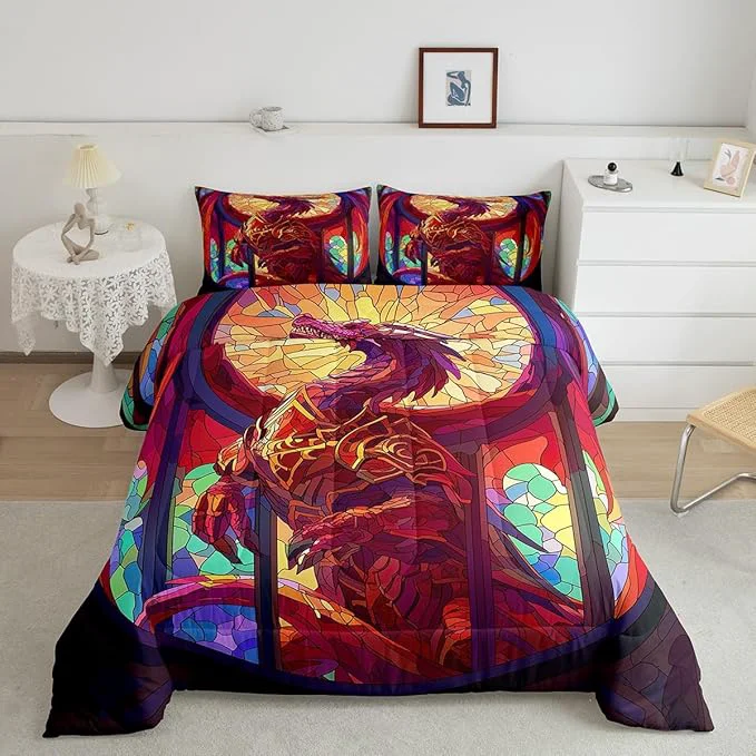 Crafted Feelyou Dragon Comforter Set Twin Size Dragon Stuff Comforter for Boys Girls Teens Wild Life Bedding Set Dragon Decor Duvet Set Room Decor Dark Orange Quilt Set Natural