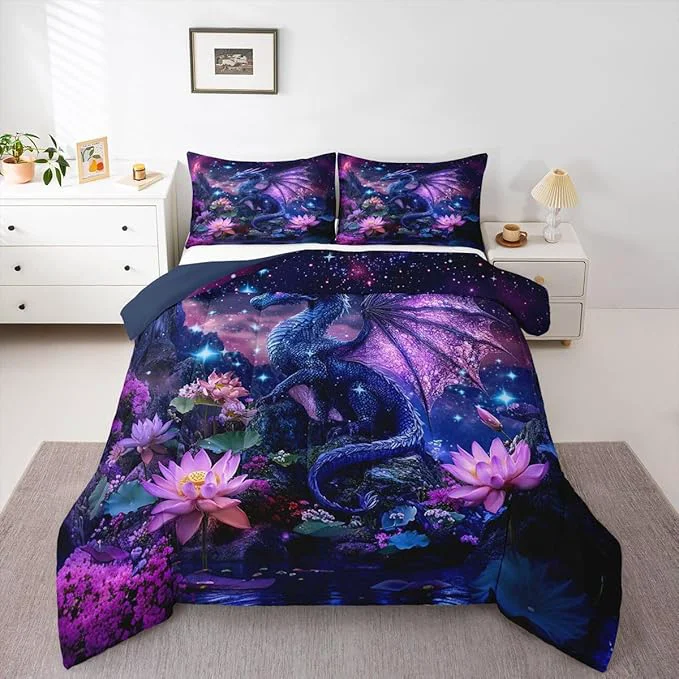 Fine Feelyou Dragon Comforter Set Queen Size Dragon Stuff Bedding Set for Kids Boys Girls Wild Life Duvet Quilt Wildlife Bedroom Decor Dull Purple Microfiber 3 Pcs with 2 Pillow Cases Powerful