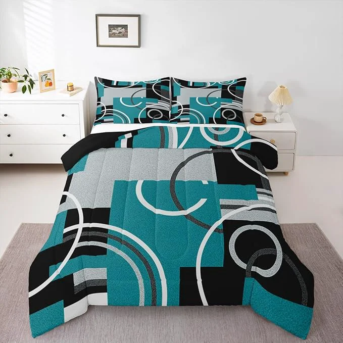 High-Performance Modern Turquoise Decor Comforter King Geometric Circles Gird Bedding Set For Boys Girls Kids Teens Adult Black Grey Down Comforter Stripe Swirls Duvet Set Modern Graphic Texture Quilted Comforter Advanced