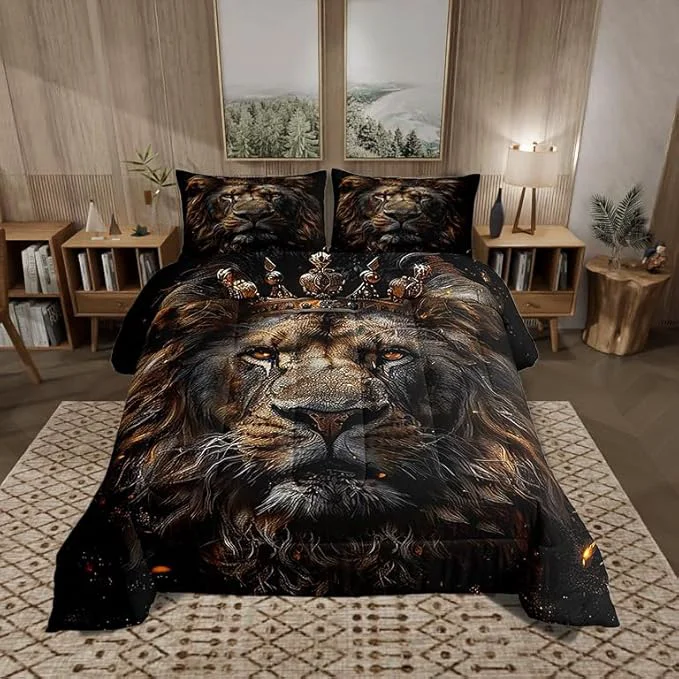 Next-Generation Castle Fairy 3D Lion Comforter Set Queen Size Wild African Animal Bedding Set Bedroom Decor Golden Glitter Crown Quilt Set Comfortable and Breathable Luxury Black Duvet Insert with 2 Pillowcases High-Performance