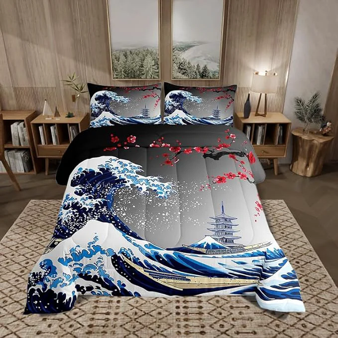 Consistent Castle Fairy Ukiyoe Ocean Wave Bedding Set King Size Japanese Style Comforter Set for Girls Boys Historical Building Boat Down Comforter Red Plum Blossom Flower Quilt Set with 2 Pillowcases Exclusive