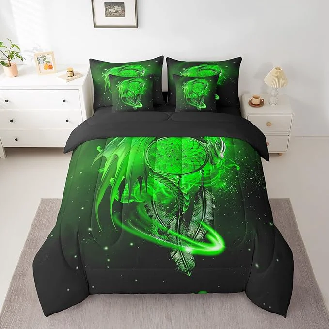 Sophisticated Erosebridal Gothic Dragon Dream Catchers Bed in a Bag Queen Comforter Set 7 Piece Green Galaxy Bohemian Feather Bedding Sets Antique Animal Pterosaur Sheet Set with Comforter Organic