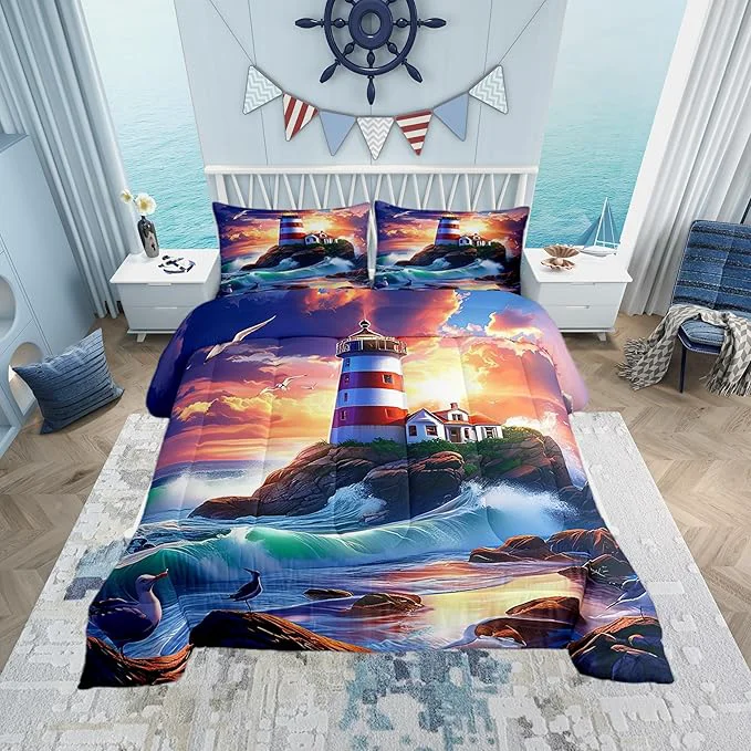 Verified Castle Fairy 3D Lighthouse Comforter Set Twin Size Dreamy Sunset Sky Bedding Set Toddler Bedroom Decor Natural Coastal Scenery All Season Quilt Set Ocean Wave Bedding Comforter Sets 2Pcs Efficient