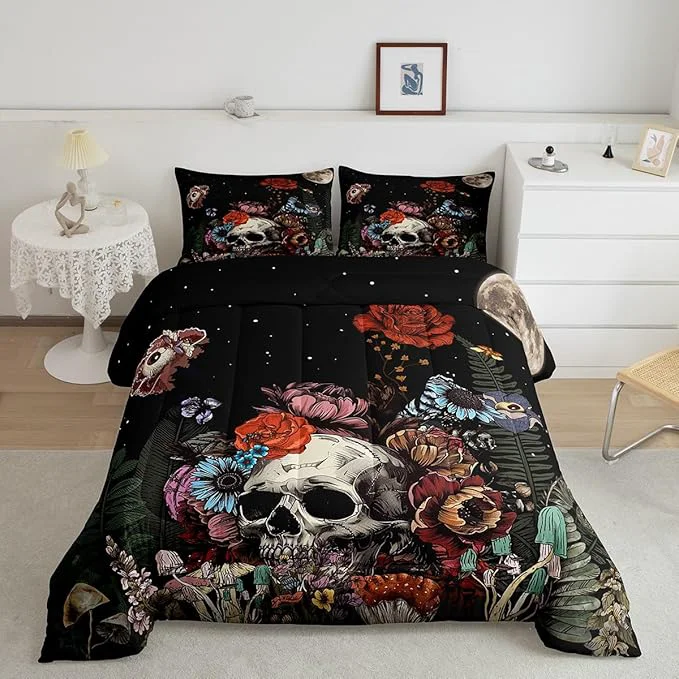Prestigious Erosebridal Sugar Skull Bedding Set Botanical Flower Comforter Set for Kids Boys Girls Home Decor Starry Sky Duvet Set Trippy Galaxy Halloween Gothic Down Comforter Soft Lightweight 3Pcs King Size Reusable