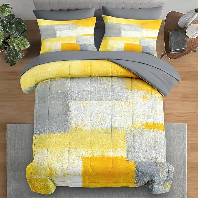 Comfortable Comforter Set Twin Size Grey Yellow Painting Gray 5 Pcs Bedding for Kids and Adults Office Contemporary Abstract Bed Sheet Sets with Fitted Sheet Pillowcase amp Sham for Bedroom Bed Decor Healthy