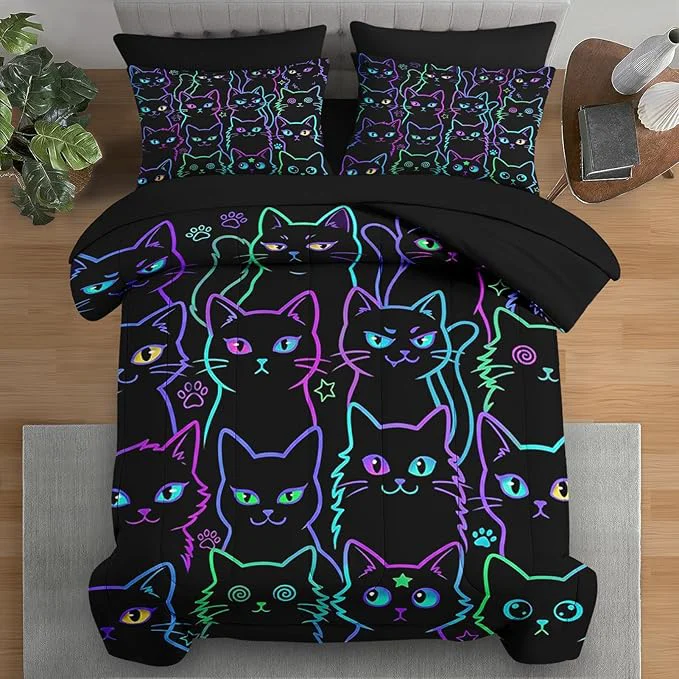 Crafted 7 Pcs King Size Comforter Set with 2 Pillowcases amp 2 Shams Cute Cat Halloween Bedding Set for Kids and Adults Neon Funny Gothic Bed in a Bag with Flat Sheet and Fitted Sheet World-Class