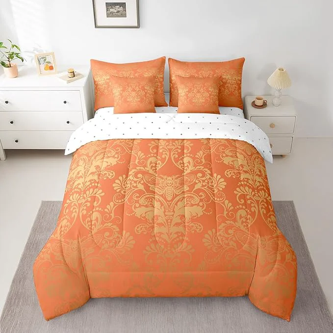 World-Class Erosebridal Gothic Damask Bed in a Bag King Size Comforter Set 7 Pieces Exotic Moth Bedding Sets Orange and Yellow Victorian Floral Goth Sheet Set with Comforter Environmentally Friendly