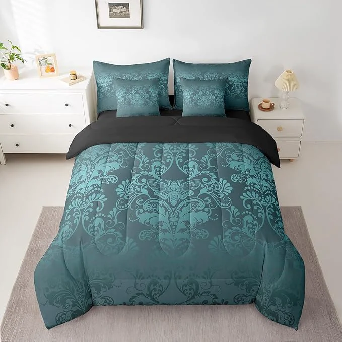 High-End Erosebridal Gothic Damask Bed in a Bag King Size Comforter Set 7 Pieces Exotic Moth Bedding Sets Turquoise Victorian Floral Goth Sheet Set with Comforter Flexible