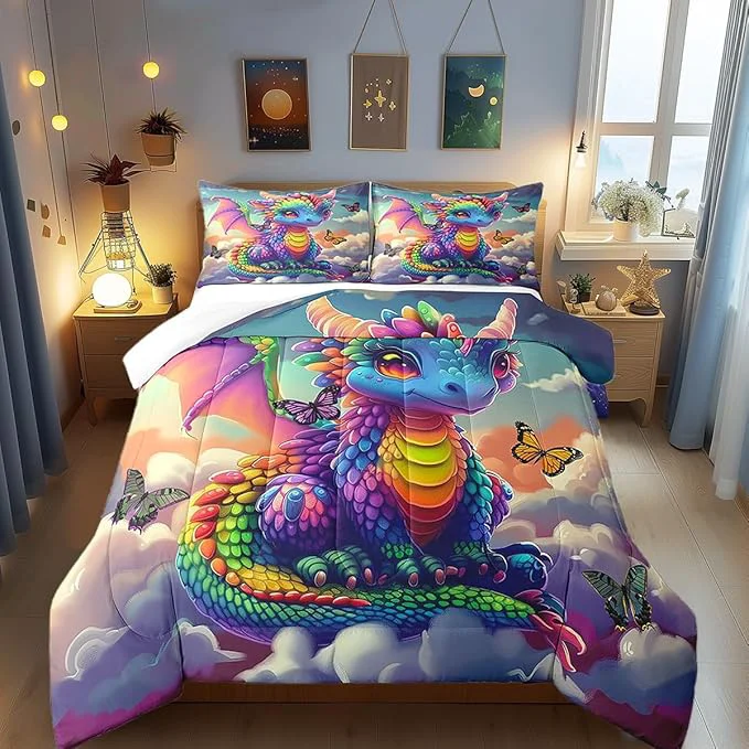 Certified Castle Fairy Colorful Dragon Bedding Set Full Size Fancy Western Animal Comforter Set for Girls Boys Teens Room Decor Wild Butterfly Down Comforter Sunny Sky Clouds Quilt Set with 2 Pillowcases Advanced