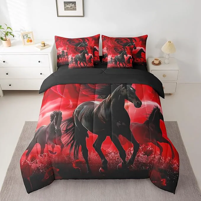 Casual Erosebridal Horse Bed in a Bag King Size Comforter Set 7 Pieces Red Rose Flowers Bedding Sets Western Animals Sheet Set with Comforter Safe