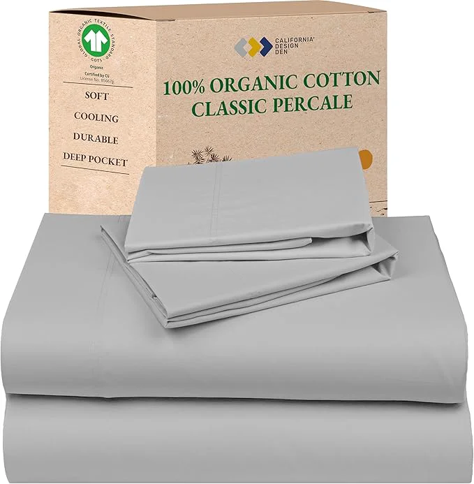 Smart California Design Den King Size Sheets Set – Soft Organic Cotton Crisp Percale Sheets with Deep Pockets Breathable and Durable Bedding Set – Light Grey Expertly Made